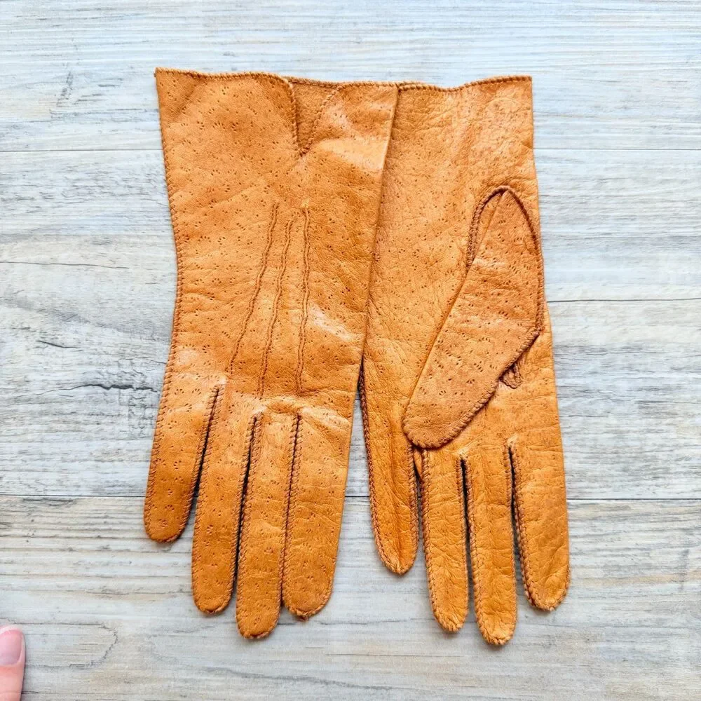 Vintage Peccary Leather Gloves Tan Soft Driving Dress Unlined Classic Pigskin